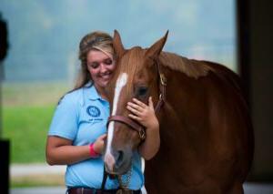 Equine student standing with horse in the stable